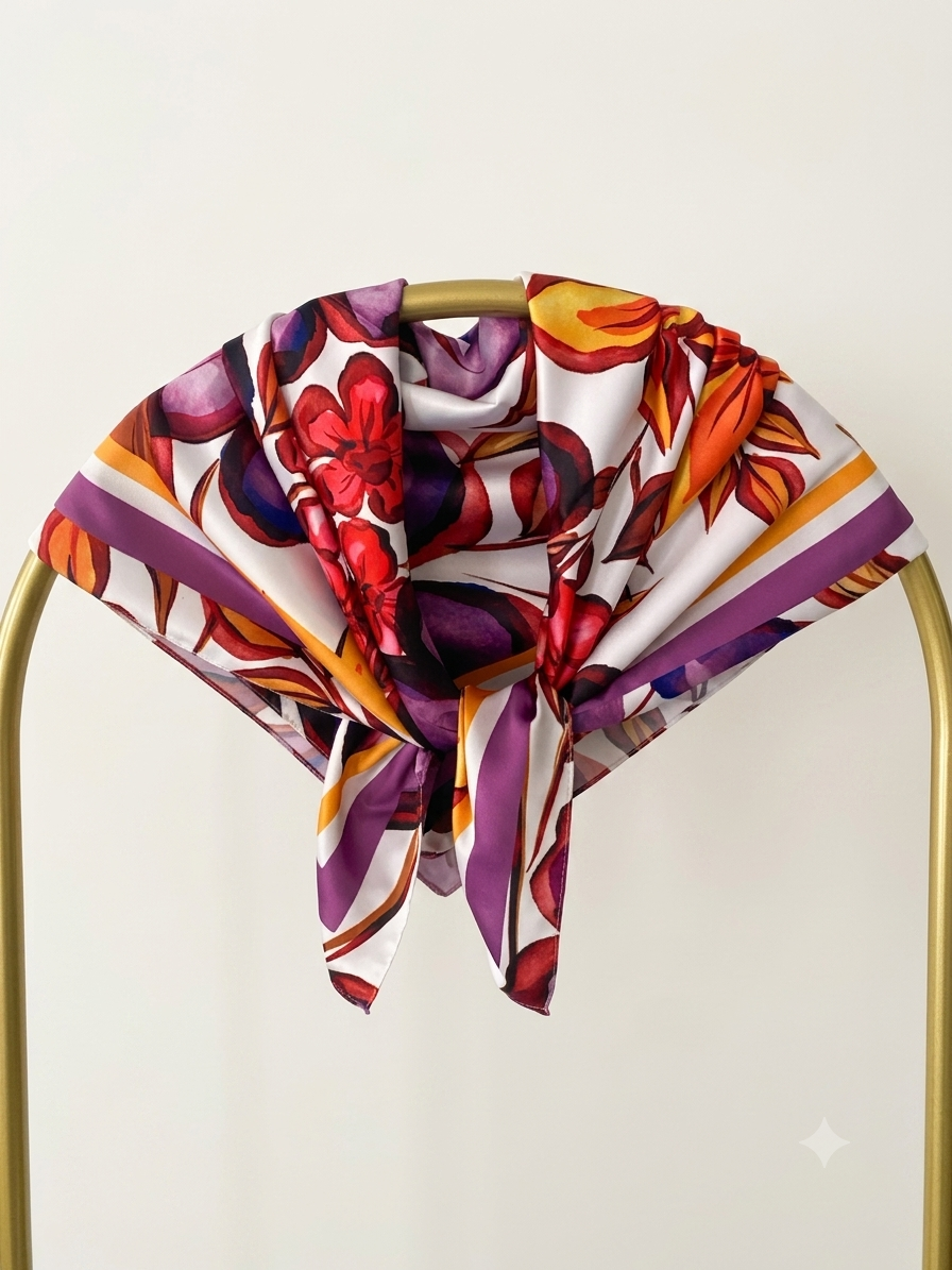 Mor Bahçe İpeksi Saten Fular&Bandana